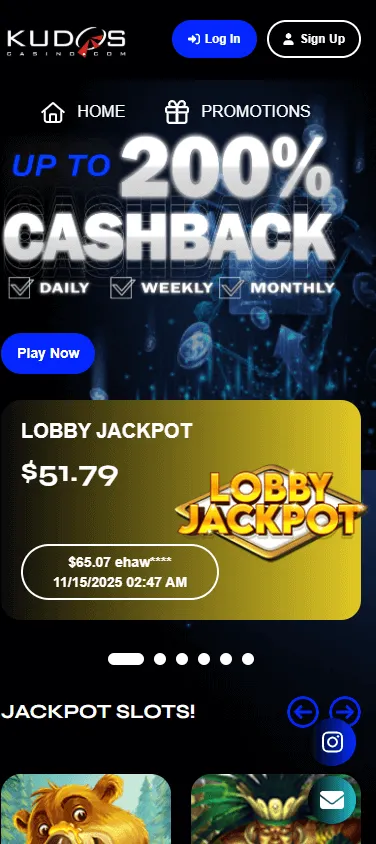 Kudos Casino mobile home view in an HTML5 browser