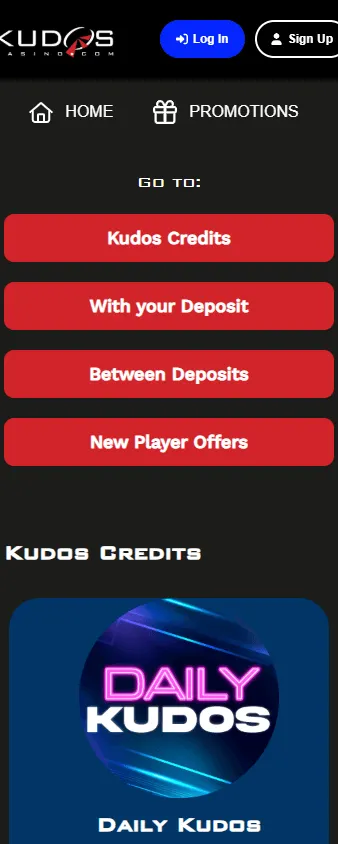 Kudos Casino mobile promotions view with spin boosts and cashback offers