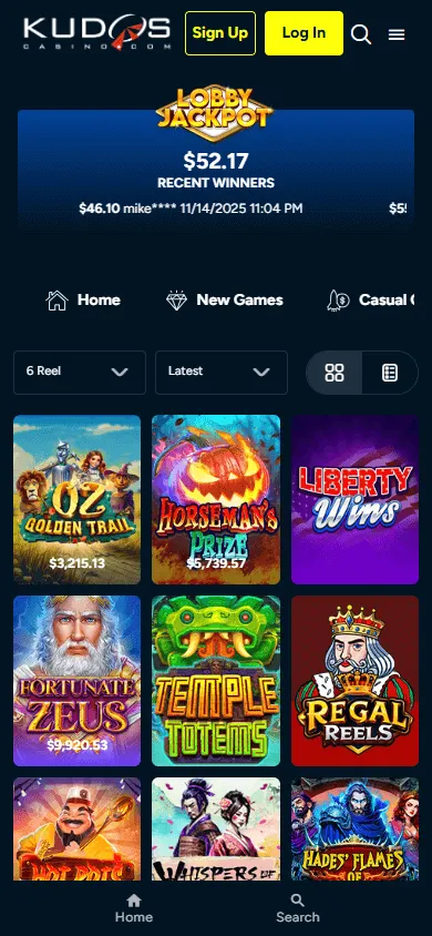 Kudos Casino mobile games view with slots and table game categories