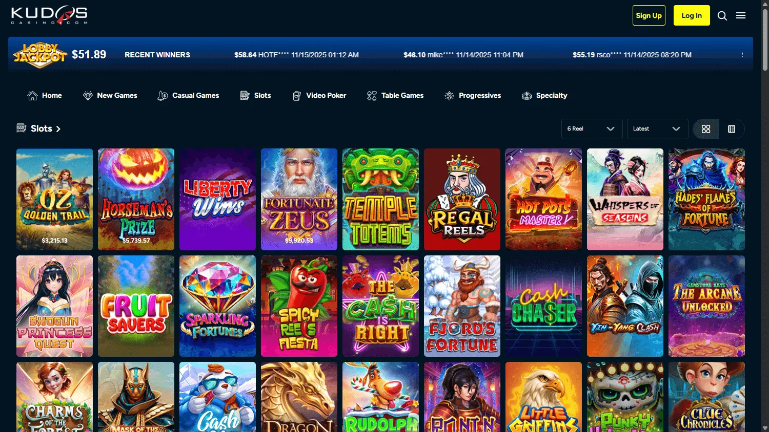 Kudos Casino desktop games view with casino categories and titles