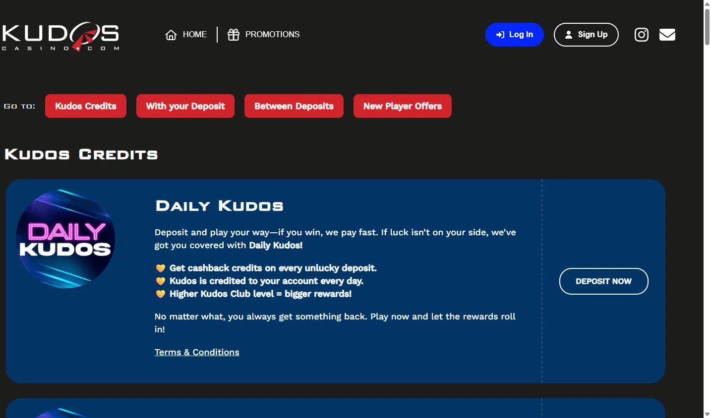 Kudos Casino desktop promotions view with cashback, spins and free-chip offers