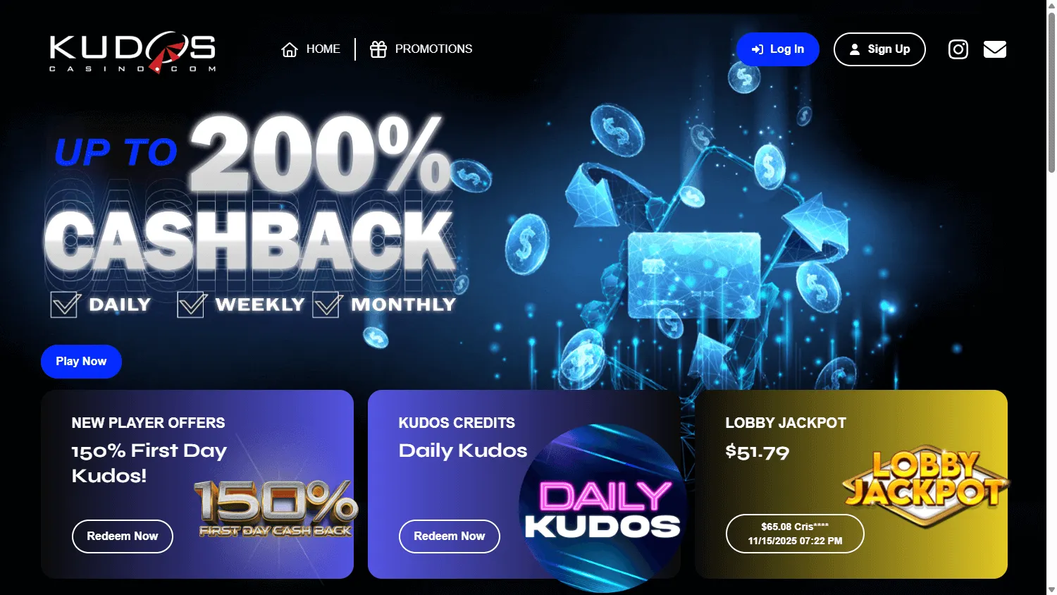 Kudos Casino desktop home view with account offers and casino information
